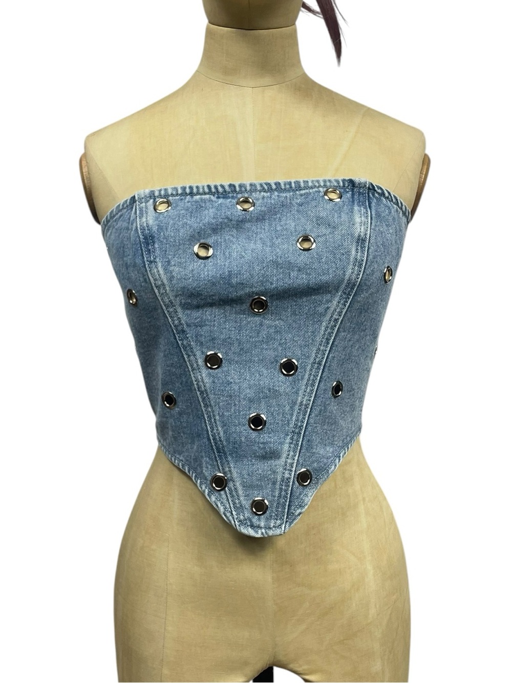 Nasty Gal Eyelet Denim Tube Top 12 Blue Jean Grommet Crop NWT - Picture 2 of 11
